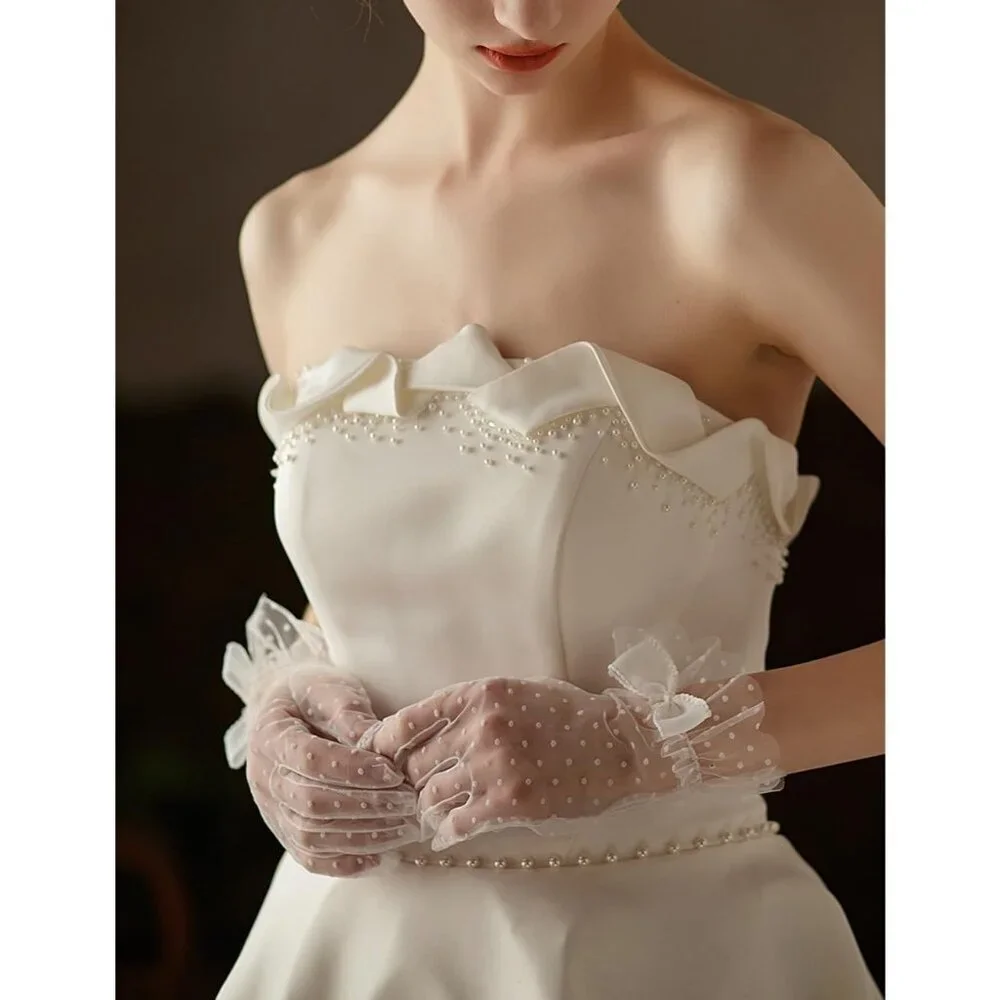 Women's Beige Short Polka Dot Lace Bow Mesh Party Wedding Bridal Gloves Prom